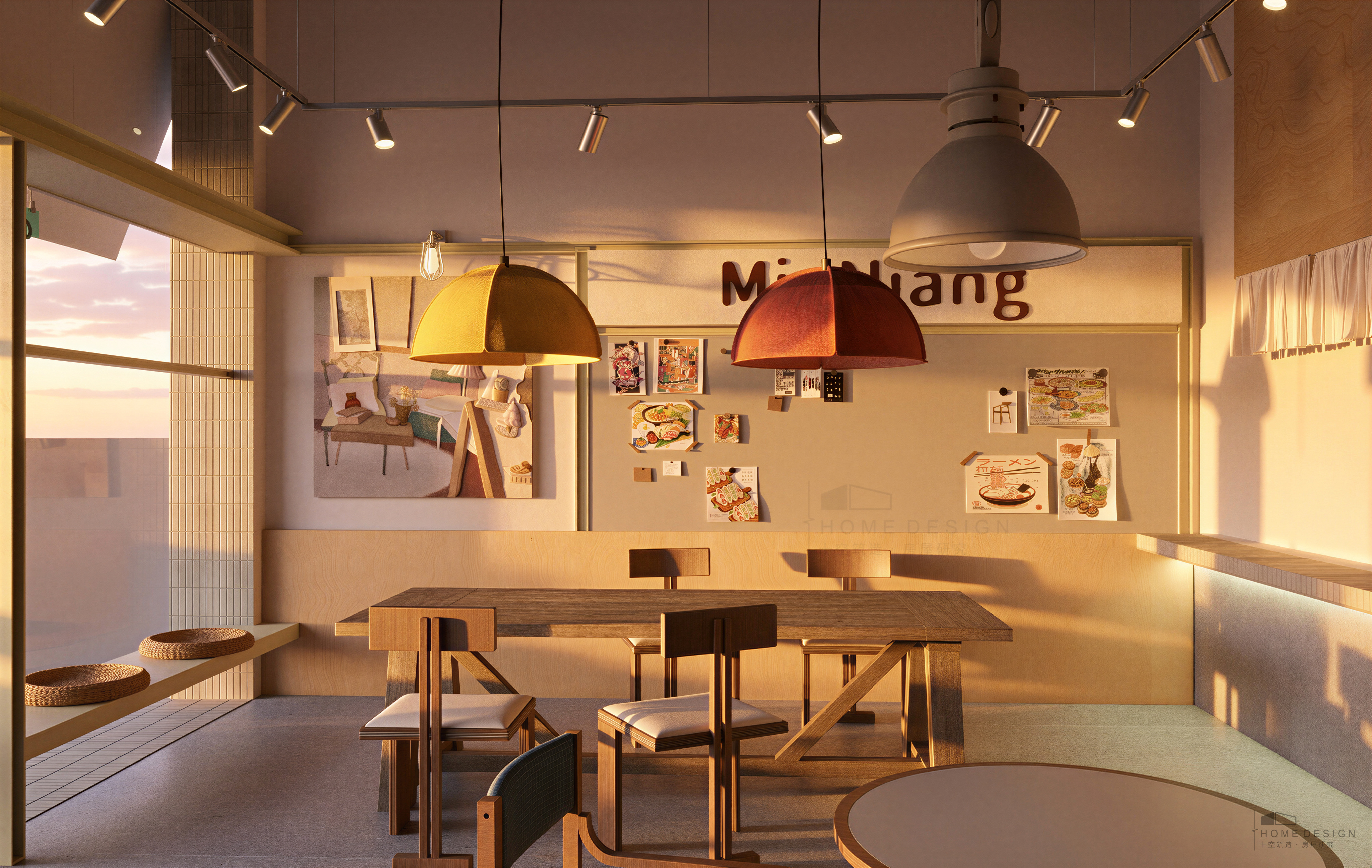 峨山舂鸡店方案效果图，木色桌椅与墙面背景